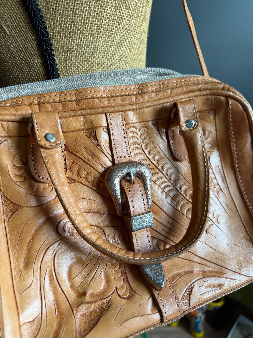 Leather Tooled Satchel Bag in Tan - Picture 2 of 3